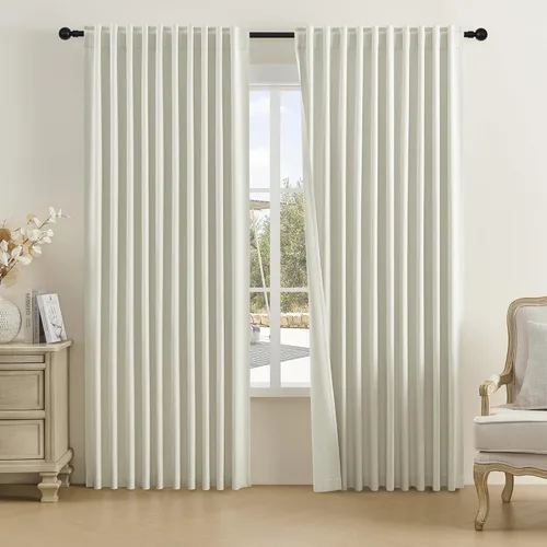 Vista 26 de DUALIFE - Cortinas de lino opacas beige de 54 pulgadas de largo, con pestaña trasera y bolsillo para cortinero, cortinas estrechas para dormitorio