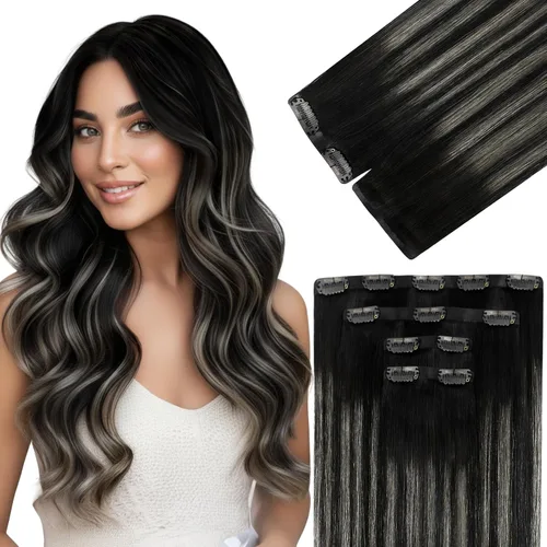 Vista 46 de Ve Sunny Extensiones de cabello humano real con clip balayage, color marrón castaño degradado a rubio, 12 pulgadas, 5 unidades, 2.82 onzas