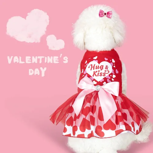 Vista 4 de cyeollo Vestido para perro para el día de San Valentín, ropa de vacaciones para perros con estampado de corazón, vestidos de tul para perros