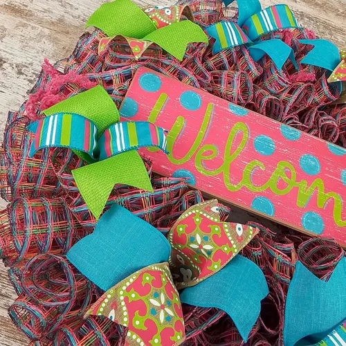 Vista 2 de Summer Spring Welcome Door Wreath - Burlap Mother's Day Gift - Pink Turquoise Lime Green