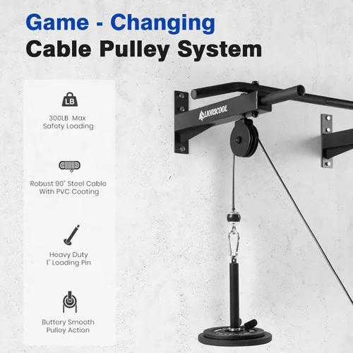 Vista 3 de LIONSCOOL Barra de dominadas multifuncional montada en la pared con sistema de polea, barra de dominadas de agarre múltiple de 48" y 16"/24