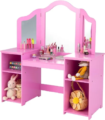 INFANS Tocador Infantil, Juego de Escritorio de Maquillaje 2 en 1 para Niñas con Espejo Plegable Desmontable, Amplias Estanterías de Almacenamiento,
