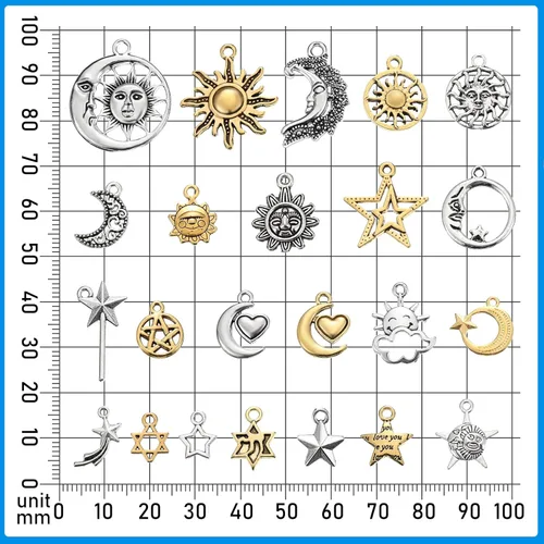 Vista 3 de Hicarer 160 piezas dijes para pulseras, dijes mixtos de sol, estrella y luna antiguos, dijes de esmalte plateado celestial para hacer joyas