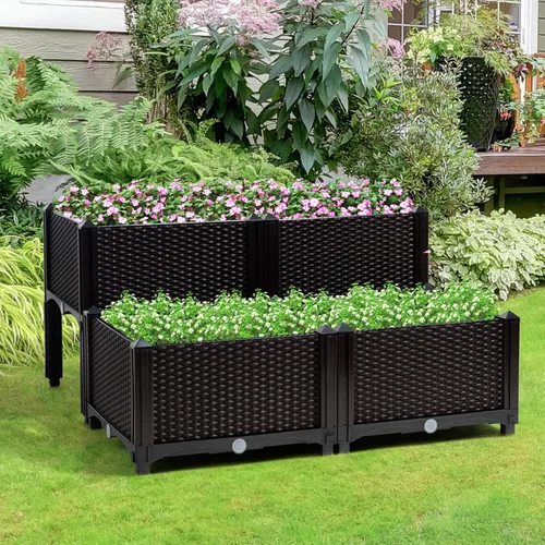 Vista 2 de HAPPYGRILL Juego de 4 jardineras elevadas con agujeros de drenaje y patas extraíbles, para exteriores, para patio, balcón