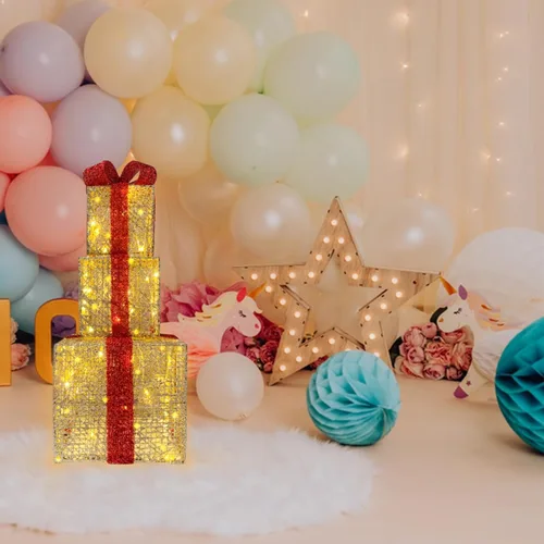 Vista 6 de Juego de 3 cajas de regalo iluminadas, cajas de regalo iluminadas de Navidad color dorado champán, 60 luces blancas preiluminadas, caja de regalo