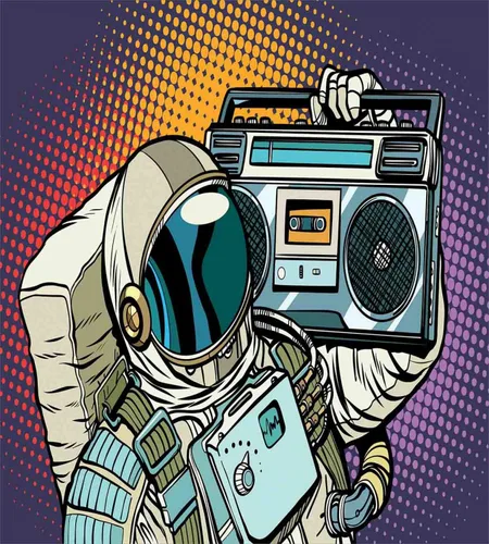 Vista 2 de Lunarable Juego de funda de edredón de rapero, astronauta con un boombox retro que escucha música en el espacio, impresión de audio de tira cómica