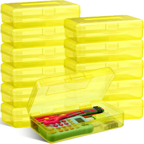 Vista 13 de Fainne Paquete de 24 cajas de lápices para la escuela, estuche de plástico transparente grande, caja de lápices de plástico grande apilable a granel