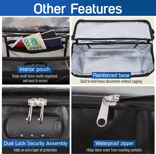 Vista 7 de Bolsa de documentos ignífuga e impermeable con cerradura, aislamiento de 6200℉, diseño patentado de solapa cerrada, caja de almacenamiento