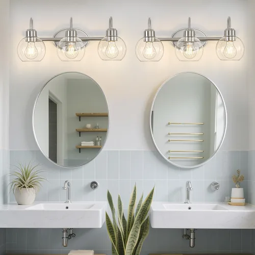 Vista 7 de Lámpara de tocador de baño de 3 luces, lámparas de pared de níquel cepillado, aplique de pared moderno con pantallas de vidrio transparente