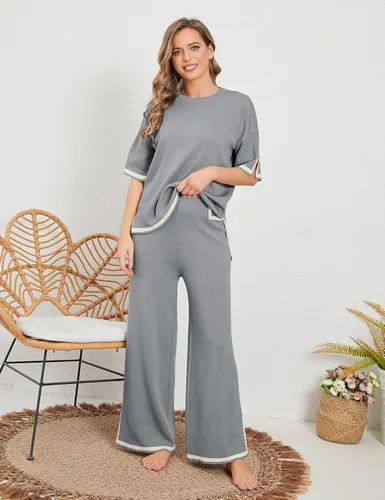 Vista 2 de Tanming - Conjuntos de suéter para mujer, 2 piezas, conjuntos de lounge, tops de punto de manga corta, pantalones de pierna ancha