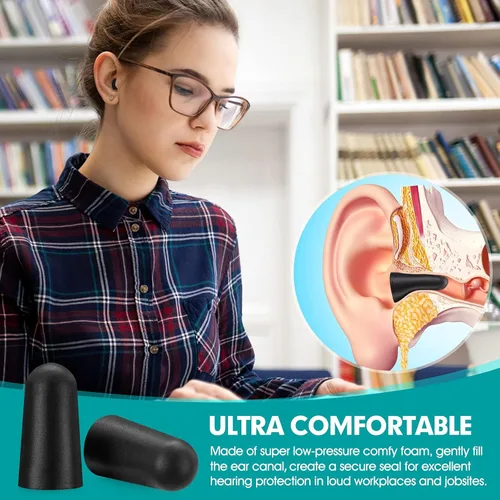 Vista 2 de 60 pares de tapones de espuma negra embotellados para cancelación de ruido, dormir, trabajo, ronquidos, construcción, 33dB NRR