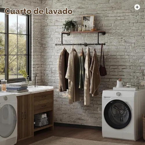Vista 3 de Perchero para ropa de 72 pulgadas, para montar en la pared, con estante de madera real, perchero colgante resistente, barra para colgar multiusos