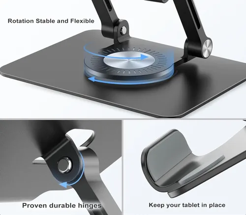 Vista 7 de Soporte para tablet con base giratoria de 360°, soporte ajustable de aluminio para tableta de doble varilla para escritorio, compatible con iPad