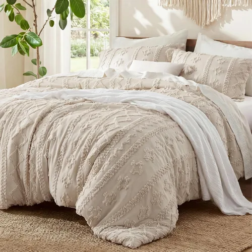 Bedsure Juego de edredón bohemio acolchado, tamaño California King, juego de cama bohemio beige, GentleSoft™ de 3 piezas, ropa de cama bordada 01 -