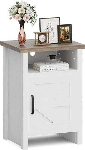 Vista 12 de JUMMICO Mesita de noche de estilo granja, mesa de noche moderna con puerta de granero y estante, mesa auxiliar rústica para dormitorio, sala de Gris