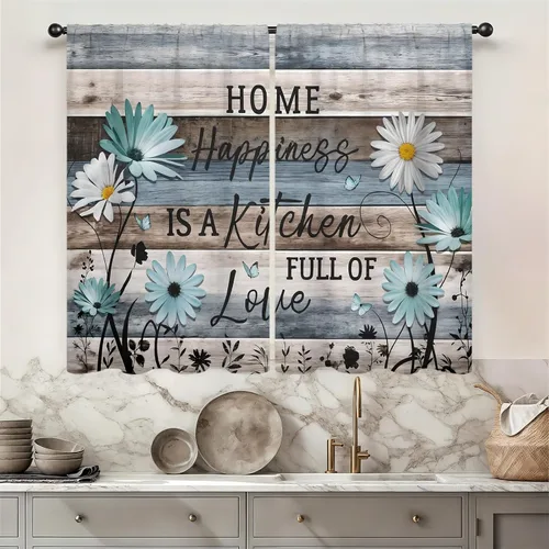 Vista 20 de Cortinas de cocina con estampado floral verde azulado de 27.5 pulgadas de ancho x 39 pulgadas de largo, 2 paneles con bolsillo para barra, rústicas