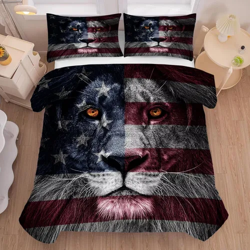 American Flag Lion Bedding Set Full/Queen Animals Print Comforter for Men Boys Bedroom Quilt Bed Set 1 Comforter 2 Pillowcases