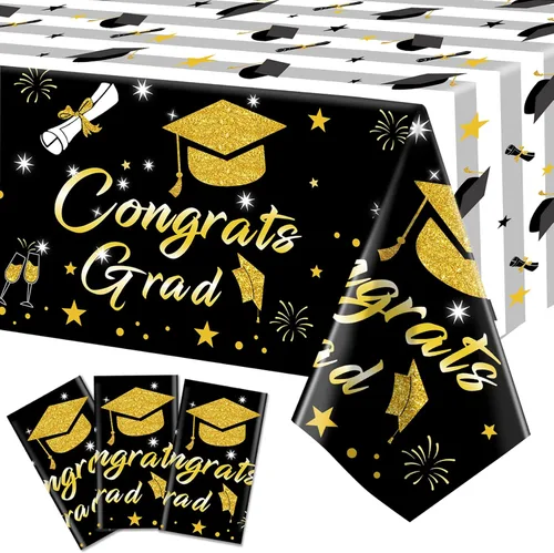Mantel de graduación 2026, paquete de 3 manteles gruesos negros y dorados de 54 x 108 pulgadas, fundas de mesa desechables de plástico para
