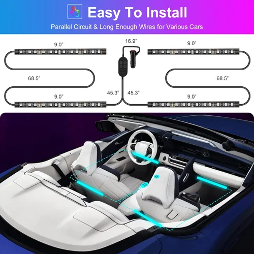 Vista 6 de Hovano luces interiores de auto LED, control de aplicación con cargador de auto, cambio de color RGB con sincronización de música y modo DIY, diseño