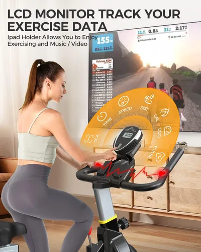 Vista 5 de pooboo Bicicleta de Ejercicio, Resistencia Magnética/de Pastilla de Freno Ajustable con Transmisión Silenciosa por Correa, Bicicleta de Ciclismo