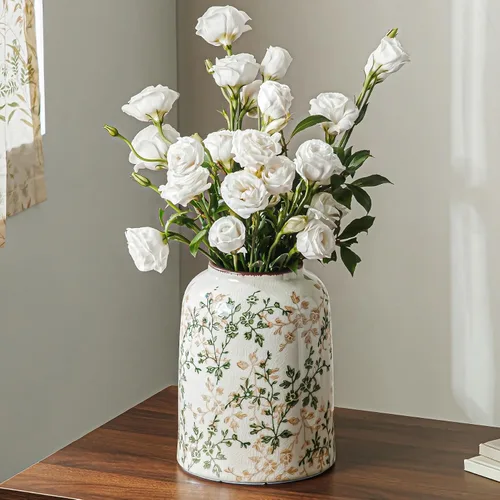 Vista 10 de Jarrón de cerámica verde y blanco con asa, florero rústico para decoración de hogar estilo “chinoiserie”, “grandmillenial” y toscano, jarrón