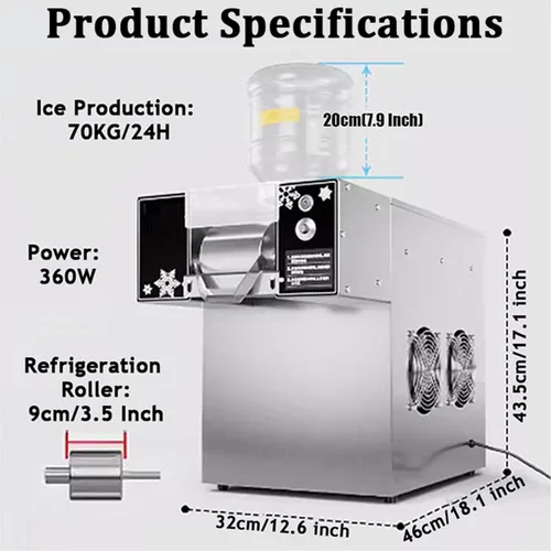 Vista 7 de Commercial Snow Ice Maker Shaver Machine Snowflake Ice Machine Continuous Ice Machine, Stainless Steel Ice Crusher Electric Snow Cone Maker (70kg/h)