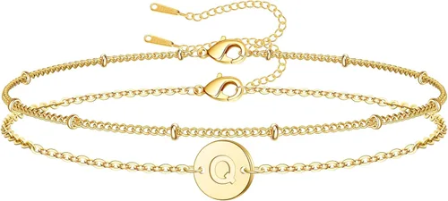 Vista 20 de Pulseras de oro para mujeres y niñas, regalos – Pulsera chapada en oro de 18 quilates, pulsera con inicial de monograma de disco delicado con dije