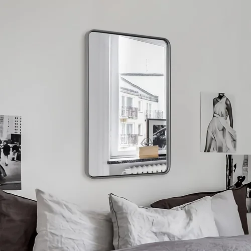 Vista 7 de ANDY STAR Espejo de baño gris de 24 x 32 pulgadas, espejos de tocador de baño grises para pared, espejo rectangular redondeado para baño, marco
