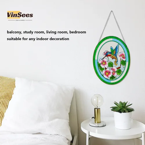 Vista 4 de Atrapasoles de Colibrí de Vidrio Pintado para Colgar en Ventanas, Atrapasoles para Ventana, Atrapasoles de Colibrí y Flores, Panel de Vidrio Pintado