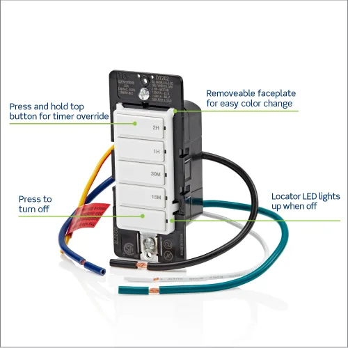 Vista 2 de Interruptor de cuenta regresiva Leviton para luces, ático, calefactores, bombas de piscina, 15-30 min, 1-2 hora, requiere cable neutro, 20A, 1