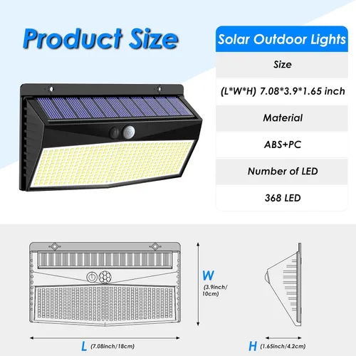 Vista 5 de 368 luces LED solares para exteriores con sensor de movimiento, valla solar con 3 modos de iluminación, seguridad alimentada, impermeable