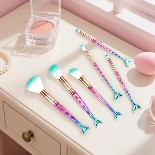 Vista 8 de Juego de 6 brochas de maquillaje de sirena, juego de brochas de maquillaje para niñas, herramientas de maquillaje de belleza, corrector de belleza