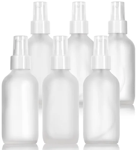 JUVITUS Botella redonda Boston de vidrio transparente esmerilado de 4 onzas / 4.1 fl oz con bomba de tratamiento blanca, recipientes vacíos