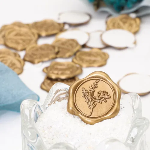 Vista 3 de SWANGSA 50 calcomanías de sello de cera de hojas de eucalipto, calcomanías de sellado de sobres de invitación de fiesta de boda de oro antiguo