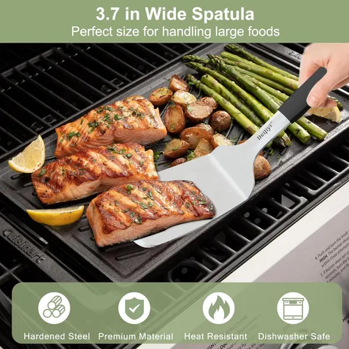 Vista 5 de Beijiyi Espátulas de acero inoxidable, juego de 2 espátulas de metal para cocinar con mango de silicona, girador resistente para sartén de hierro