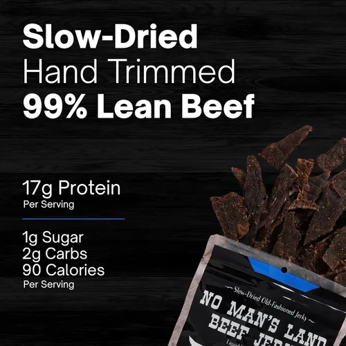 Vista 3 de No Mans Land Beef Jerky - Pimienta negra Tiras de carne seca secadas lentamente, ahumadas y sazonadas Bocadillo de carne de res alto