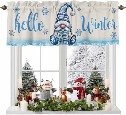 Vista 8 de LooPoP Cenefa de Navidad para ventanas, cenefas de gnomo, cenefas de invierno con bolsillo para barra, tratamientos de ventana, diseño de copo