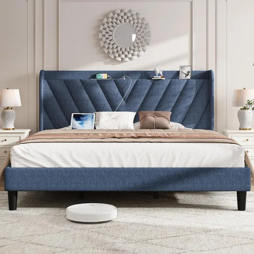 Vista 27 de koorlian Base de cama Queen con cabecero, base de cama tapizada ajustable con puertos tipo C y USB, cabecera de almacenamiento con respaldo de ala