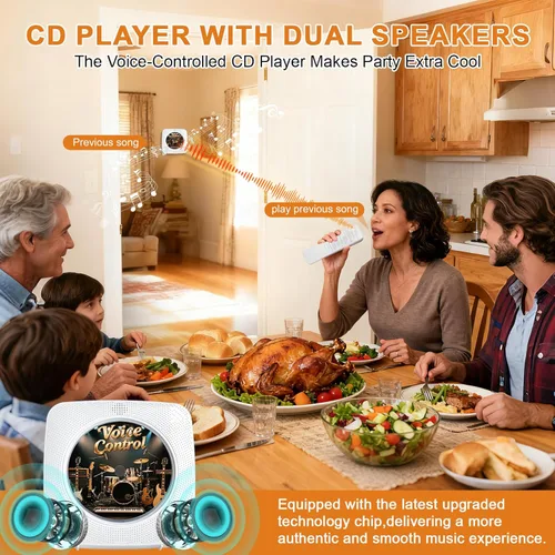 Vista 6 de Gueray Reproductor de CD Bluetooth portátil: Reproductores de CD de control de voz sin conexión para el hogar con control remoto de voz reproductor