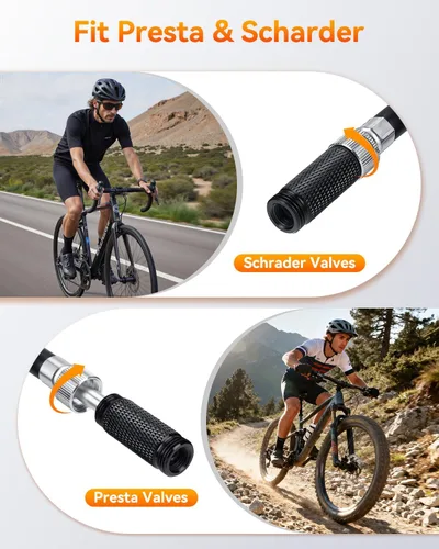Vista 4 de Onvian Bomba de bicicleta portátil con manómetro, bomba de neumáticos de bicicleta de alta presión de 300 PSI y bomba de choque, mini bomba de mano
