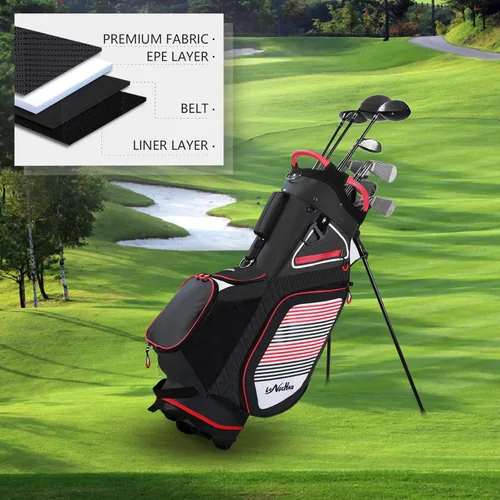 Vista 6 de Bolsa de golf con soporte para hombre azul marino con divisor de 14 compartimentos, 6 libras, ligera y portátil para caminar/montar con funda