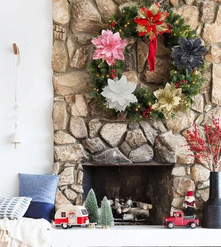 Vista 6 de 12 piezas de flores de Pascua artificiales de Navidad con clips y tallos, decoraciones de Navidad con purpurina para adornos de árbol de Navidad