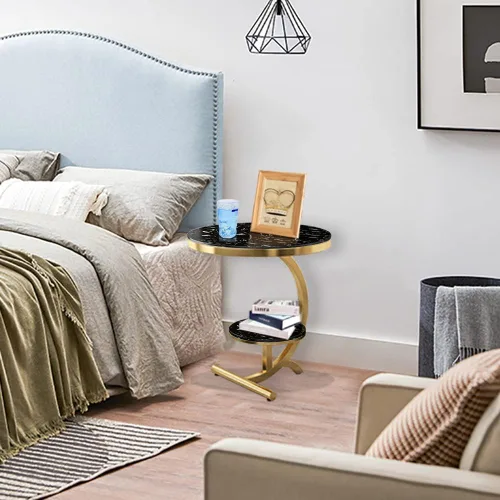 Vista 4 de BINZHI Sofá de mármol de lujo Mesa auxiliar Mesa de esquina Sala de estar Sofá Mesita de noche Mesa de centro redonda pequeña (negro)