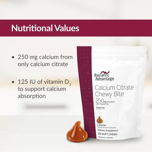 Vista 4 de Bariatric Advantage Picaduras masticables de citrato de calcio 250 mg con vitamina D3 para pacientes de cirugía bariátrica, incluyendo bypass