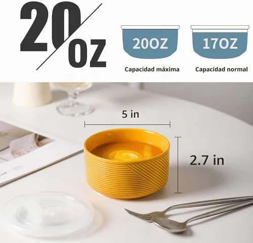 Vista 3 de Cuenco de cerámica con tapa, apto para microondas, 20 onzas, color verde Food Storage Container for Soup, Salad, Cereal, Leftovers, Meal Prep Verde