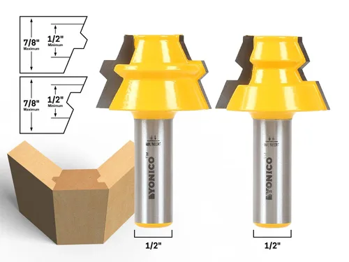 Vista 2 de YONICO Inglete de bloqueo 22,5 grados 2 bits Router Bit Set 22,5 grados 12-Inch Shank 15220