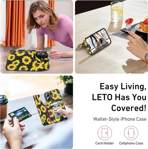 Vista 254 de LETO para iPhone 15 Pro Funda tipo cartera - Tapa tipo folio con patada - Diseños de moda - Tarjetero - Funda protectora para mujeres y niñas - 6.1