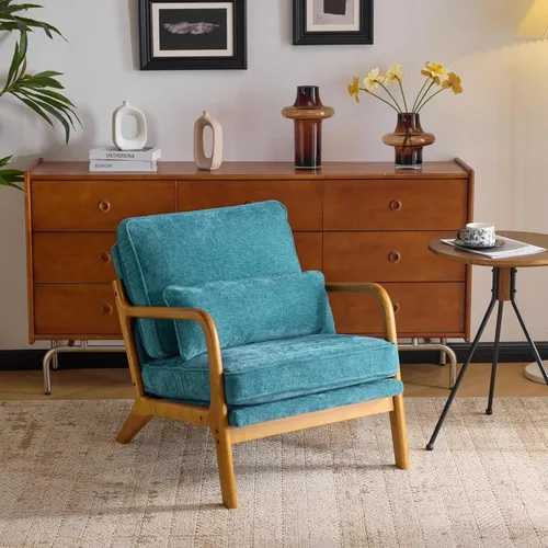 Vista 11 de VINGLI Silla de Acento Moderna de Chenilla de Mediados de Siglo, Linda Silla de Lectura con Brazos con Cojín y Almohada Lumbar y Marco de Madera
