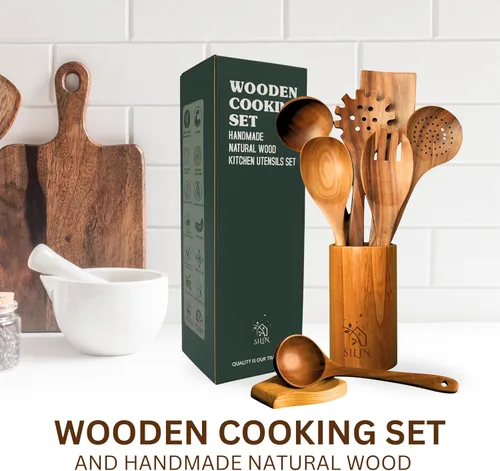 Vista 4 de 8 cucharas de madera para cocinar, juego de utensilios de madera para sartenes antiadherentes y utensilios de cocina, utensilios de cocina de madera