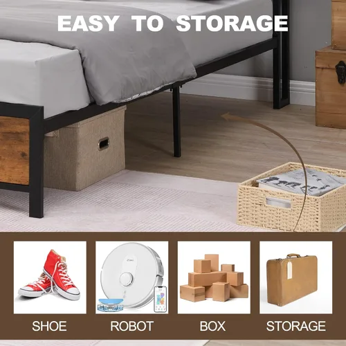 Vista 5 de Anwick Base de cama con luces LED, cabecera de almacenamiento de 2 niveles con estación de carga, marco de cama LED de plataforma de metal